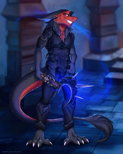 2018 5_fingers barefoot black_body black_fur clothed clothing detailed_background digital_media_(artwork) feet fingers fur hi_res holding_object holding_weapon male red_body red_eyes red_fur sergal smile solo standing text tril-mizzrim url weapon // 1026x1280 // 1.7MB