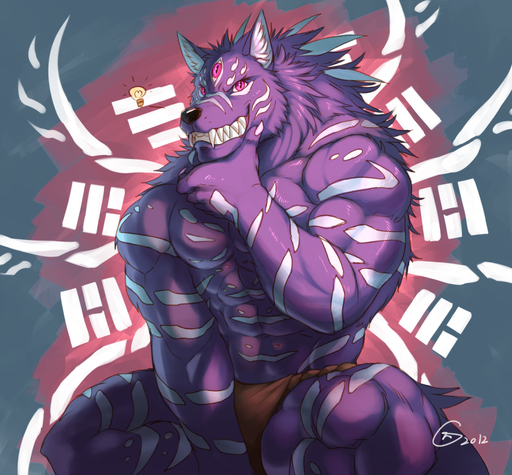 abs anthro biceps big_muscles biped bottomwear canid canine canis claws clothed clothing fangs flexing fur grin hair jaws loincloth looking_at_viewer male mammal markings muscular muscular_anthro muscular_male null-ghost pecs pink_eyes pose purple_body purple_fur sitting smile solo stripes topless tribal underwear white_body white_fur wolf // 1067x990 // 616.4KB