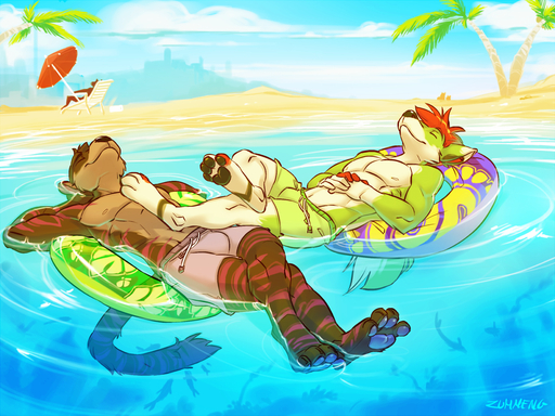 4:3 4_toes anthro beach canid canine clothed clothing day detailed_background duo eyes_closed feet felid floating fox fur green_body green_fur hair inflatable kaomoro lying male mammal mestiso_(character) orange_hair outside palm_tree pantherine pawpads paws plant pool_toy relaxing seaside sky smile soles stripes swim_ring swimming_trunks swimwear tiger toes tree water zummeng // 1300x975 // 1.3MB