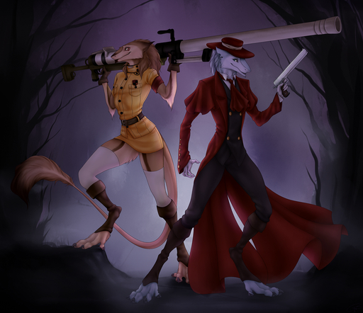 alucard_(hellsing) anthro brown_body brown_fur brown_hair charlottechambers clothed clothing detailed_background digital_media_(artwork) digitigrade duo fur hair hellsing hi_res holding_object holding_weapon seras_victoria sergal serious_victoria smile weapon white_body white_fur white_hair // 1600x1382 // 2.1MB