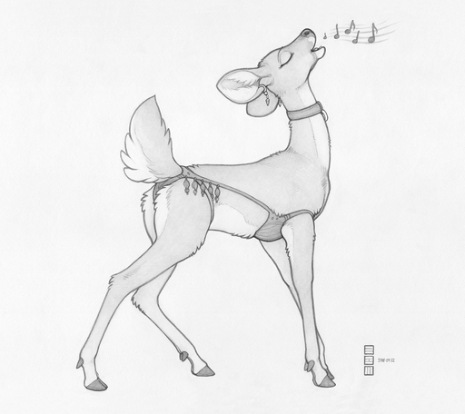 2018 capreoline cervid clothed clothed_feral clothing collar ear_piercing ecmajor eyes_closed female feral hooves lingerie mammal monochrome mostly_nude musical_note piercing side_view simple_background singing sketch solo white-tailed_deer white_background // 1180x1050 // 889.9KB