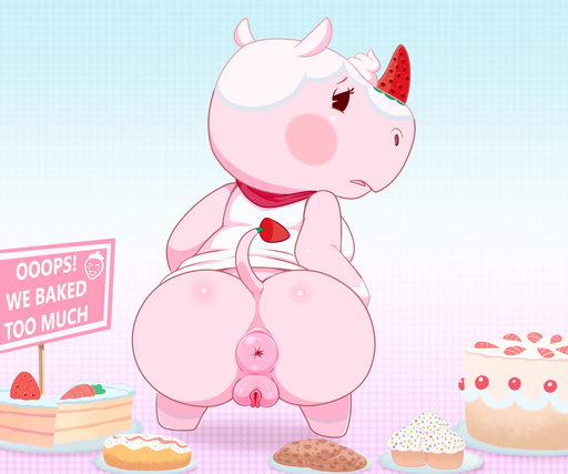 2020 6:5 animal_crossing anthro anus bottomless butt cake clothed clothing cookie crouching cupcake dessert doughnut female food food_creature genitals hi_res lonbluewolf looking_at_viewer looking_back mammal merengue_(animal_crossing) nintendo open_mouth presenting presenting_hindquarters puffy_anus pussy rhinocerotoid sign solo tongue video_games // 1500x1250 // 851.6KB