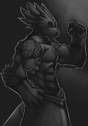 abs anthro beard biceps blue_eyes clothed clothing dragon facial_hair faint flexing fur greyscale janarr lizard male monochrome muscular muscular_anthro muscular_male outline pak'toh pecs pose raised_arm reptile scalie shurian side_view simple_background solo spikes topless towel // 706x1000 // 285.9KB