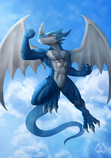 2020 absurd_res anthro bandai_namco black_eyes blue_background blue_body blue_scales claws cloud digimon digimon_(species) digital_media_(artwork) dragon exveemon hi_res horn long_tail male markings moire_dragon muscular muscular_anthro muscular_male red_eyes reptile scales scalie signature simple_background smile solo spikes teeth toe_claws white_body wings // 2480x3508 // 3.8MB