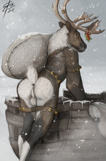 2020 amber_eyes anthro antlers anus backsack balls bedroom_eyes bell bell_harness brown_body brown_fur butt capreoline cervid cervine day digital_media_(artwork) fur genitals hair harness hi_res horn inner_ear_fluff jingle_bell jingle_bell_harness lingonberry lizet looking_back male mammal multicolored_body multicolored_fur narrowed_eyes nude outside perineum plant presenting presenting_anus presenting_hindquarters raised_tail rear_view reindeer ribbons sack seductive signature smile smirk snow snowing solo teasing tuft white_body white_fur winter // 989x1500 // 1.9MB