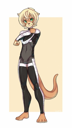 anthro barefoot biped blonde_hair bodysuit brown_nose bulge caninelove clothing digital_media_(artwork) feet green_eyes hair hi_res lutrine male mammal mustelid shaded simple_background skinsuit solo tight_clothing // 721x1280 // 77KB