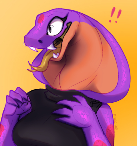 2020 4_fingers anthro breasts clothed clothing digital_media_(artwork) female fingers fivel forked_tongue keeshee non-mammal_breasts open_mouth reptile scalie simple_background smile snake snake_hood solo teeth tongue tongue_out topwear yellow_background // 1000x1070 // 1.0MB