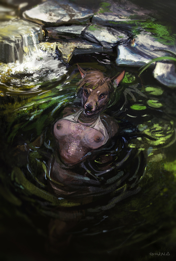 anthro bathing bra breasts cervid clothing conditional_dnp exposed_breasts female mammal nipples oouna solo underwear water waterfall // 746x1102 // 590KB