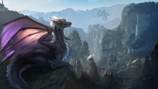 16:9 2019 amazing_background ambiguous_gender avian bird building detailed detailed_background detailed_fur dragon feral fur group hi_res membrane_(anatomy) membranous_wings mountain outside rhythmpopfox rock scalie scenery scenery_porn signature sky waterfall white_body white_fur widescreen wings // 2560x1440 // 17.4MB