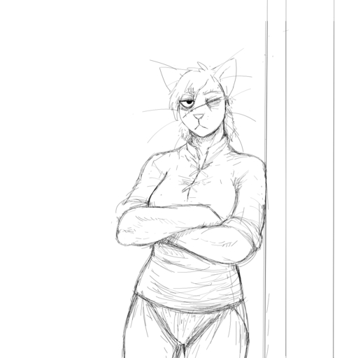 1:1 1_eye anthro black_and_white breasts cat_knight clothed clothing crossed_arms domestic_cat felid feline felis female hair hi_res hladilnik looking_at_viewer mammal monochrome scar shirt simple_background sketch solo standing topwear whiskers white_background // 1280x1280 // 275.6KB
