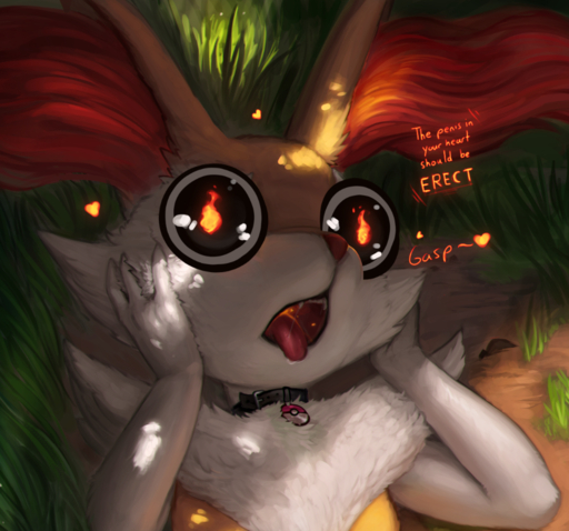 2018 <3 ambiguous_gender anthro big_eyes braixen canid canine dialogue digital_media_(artwork) english_text googly_eyes grass mammal nintendo open_mouth photonoko plant pokemon pokemon_(species) solo soul_devouring_eyes text tongue tongue_out video_games what // 943x880 // 1.1MB