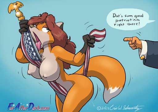 anthro between_breasts big_breasts bodily_fluids breasts canid canine dialogue digital_media_(artwork) donald_trump english_text eric_schwartz faceless_character faceless_male female flag flagpole fox furafterdark genital_fluids hair licking male mammal naturally_censored nipple_tuft nude politics pussy_juice shaded sheila_vixen simple_background solo stars_and_stripes text tongue tongue_out tuft united_states_of_america // 1280x904 // 225.0KB