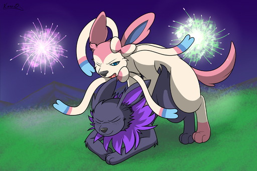 2014 3:2 alternate_color ambiguous_gender blue_eyes canid canine duo eeveelution fan_character feral fireworks from_behind_position hi_res jolteon kuroodod male maleambiguous mammal mounting nintendo open_mouth outside penetration pokemon pokemon_(species) sex skarow smile sylveon video_games // 3000x2000 // 4.2MB