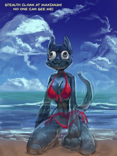 2019 3:4 ambie-chan_(general-irrelevant) anthro beach bikini breasts clothing cloud day detailed_background dialogue digital_media_(artwork) english_text felid female general-irrelevant green_eyes hi_res kneeling mammal navel outside seaside shaded smile solo swimwear text translucent translucent_body water wet // 1080x1440 // 199.7KB