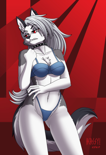 2020 5_fingers anthro black_nose bra breasts canid canid_demon canine chest_tuft claws cleavage clothed clothing collar demon digital_media_(artwork) ear_piercing ear_ring eyelashes female fingers frown fur grey_body grey_fur grey_hair hair hellhound helluva_boss heresy_(artist) hi_res humanoid_hands inner_ear_fluff long_hair looking_at_viewer loona_(vivzmind) mammal multicolored_body multicolored_fur navel notched_ear panties piercing red_sclera scowl signature solo spiked_collar spikes standing teeth tuft two_tone_body two_tone_fur underwear white_body white_eyes white_fur // 876x1280 // 685.9KB