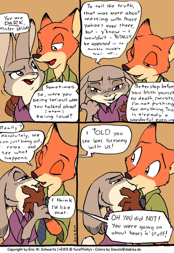 2016 absurd_res annoyed anthro blush buckteeth canid canine color_edit colored comic cupping_chin dialogue diavololo disney duo edit embrace english_text eric_schwartz eye_contact female fox frown fur grey_body grey_fur hi_res judy_hopps kissing lagomorph leporid line_art long_ears looking_at_another male mammal nick_wilde open_mouth rabbit red_body red_fur romantic romantic_couple shy speech_bubble teeth text unseen_character zootopia // 1812x2628 // 938.7KB