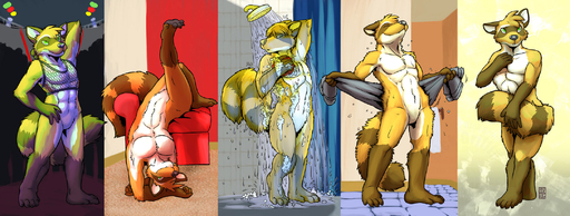 anthro bottomless clothed clothing featureless_crotch fishnet graedius_(character) green_eyes hi_res looking_at_viewer male mammal naturally_censored nude pinup pose procyonid raccoon rick_griffin shower // 2165x821 // 520.3KB