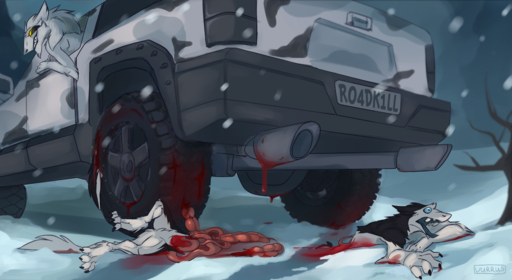 2015 ambiguous_gender anthro black_body black_eyes black_fur black_hair blood blue_eyes bodily_fluids car claws death duo english_text fur gore guts hair intestines long_hair nightmare_fuel nude open_mouth organs outside roadkill sergal snow teeth text toe_claws tongue tongue_out vehicle vurrus white_body white_fur white_hair yellow_sclera // 1280x700 // 814.7KB