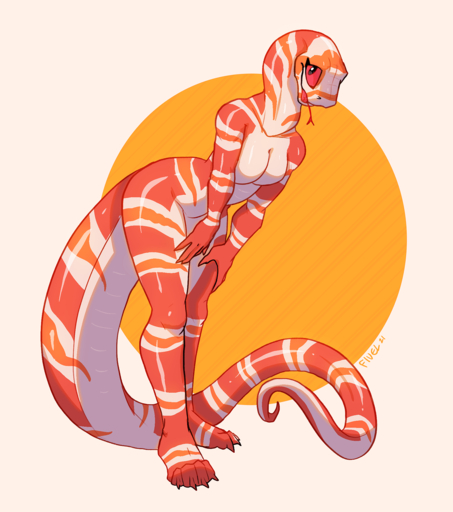 2021 anthro breasts digital_media_(artwork) featureless_breasts female fivel hi_res non-mammal_breasts open_mouth red_eyes reptile scalie simple_background snake solo standing tongue // 1133x1280 // 709.3KB