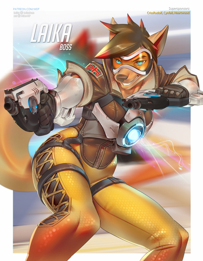 2015 alternate_species anthro armor blizzard_entertainment blue_eyes canid canine clothed clothing dual_wielding female furrification gun hair handgun holding_gun holding_object holding_weapon mammal miles_df overwatch pistol ranged_weapon science_fiction solo suit text tight_clothing tracer_(overwatch) url video_games weapon // 782x1000 // 757.8KB