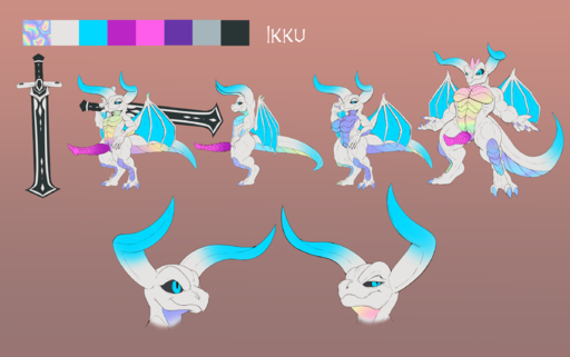 alternate_form anthro black_sclera blue_eyes claws color_scheme erection female genitals hi_res horn ikku_(character) kobold lizard male model_sheet pearlescent penis pussy reptile scalie solo undeadkitty13 weapon white_body white_skin wings // 2394x1500 // 1022.7KB