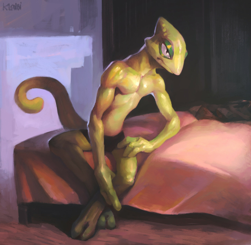 anthro arm_support barefoot bed bed_covers bedding black_clothing black_pupils black_underwear chameleon clothed clothing colored crossed_legs curled_tail detailed_background feet flap-necked_chameleon furniture green_body green_eyelids green_skin hi_res holding_leg klongi leaning leaning_forward leaning_on_elbow leon_powalski lizard male muscular muscular_anthro muscular_male narrowed_eyes on_bed painting_(artwork) partially_clothed pupils reptile scalie shaded signature simple_background sitting sitting_on_bed solo textured_background traditional_media_(artwork) underwear video_games // 1280x1248 // 218.2KB