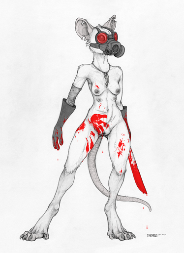 anthro blood bodily_fluids breasts clothing ear_piercing ecmajor female gas_mask gauged_ear genitals gloves handwear hi_res jewelry looking_aside machete mammal mask melee_weapon mostly_nude multi_breast murid murine navel necklace nipple_piercing nipples nude piercing pussy rat rodent scar simple_background solo spot_color standing weapon white_background // 1131x1548 // 1.5MB