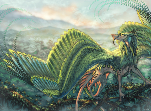 2019 ambiguous_gender day detailed_background digital_media_(artwork) dragon feathered_dragon feathered_wings feathers feral green_body green_feathers nukerooster outside sky solo wings // 1200x886 // 2.0MB