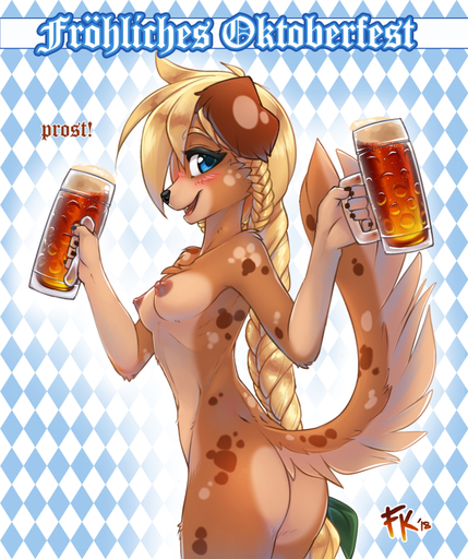2018 alcohol anthro barmaid beer beverage blonde_hair blue_eyes blush braided_hair breasts butt canid canine canis domestic_dog erect_nipples female fluff-kevlar german_text hair long_hair looking_at_viewer mammal medium_breasts nipples nude oktoberfest solo spots text translated zofie // 904x1079 // 936.5KB