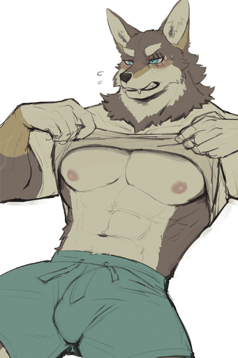 2021 abs anthro biceps blue_eyes blush bodily_fluids bottomwear brown_body brown_fur bulge canid canine canis clenched_teeth clothed clothing clothing_lift detailed_bulge eye_scar facial_scar fangs fur genital_outline hi_res k0bit0wani male mammal muscular muscular_anthro muscular_male nipples ogami_aratsuka open_mouth pecs penis_outline raised_clothing raised_shirt raised_topwear scar sharp_teeth shirt shirt_lift shorts simple_background solo sweat t-shirt teeth topwear white_background wolf // 1533x2300 // 1.7MB