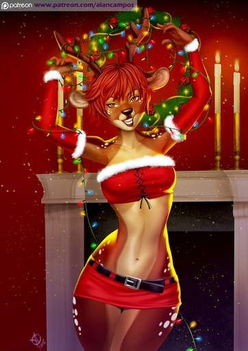 2016 alanscampos anthro antlers arm_warmers arms_above_head armwear black_nose bottomwear brown_eyes candle capreoline cervid christmas_decorations clothed clothing female fireplace fully_clothed hair hi_res holding_object holidays horn inner_ear_fluff looking_at_viewer mammal midriff miniskirt navel red_hair reindeer short_hair skimpy skirt smile solo text tuft url // 1060x1500 // 454.3KB