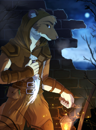 2015 5_fingers anthro black_eyes brown_body brown_fur clothed clothing eyebrows fingers fire fur hi_res hioshiru knife lamp lantern looking_at_viewer magic male mammal night solo weapon whiskers white_body white_fur // 885x1200 // 930.6KB