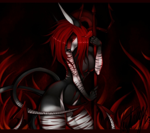 anthro canid canine demon female glowing glowing_eyes hair looking_at_viewer mammal nude pitchfork red_eyes red_hair smile solo stripes tools vexstacy // 1280x1137 // 117.1KB