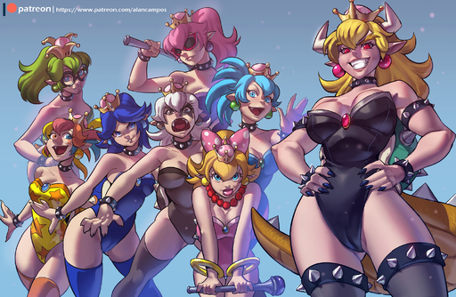 accessory alanscampos alternate_species angry animal_humanoid armband bent_over big_breasts blonde_eyebrows blonde_hair blue_background blue_eyes blue_hair bowser bracelet breast_size_difference breasts brown_eyes camel_toe choker cleavage clothed clothing collar crossgender crown curvy_figure digital_media_(artwork) ear_piercing english_text eyebrows eyelashes eyewear female frown garter glasses green_hair grin group hair hands_on_hips happy heterochromia hi_res holding_object horn humanoid humanoid_pointy_ears iggy_koopa jewelry koopa_humanoid koopaling larry_koopa leg_garter legwear lemmy_koopa leotard lips lizard_tail long_hair long_tail looking_at_viewer ludwig_von_koopa meme morton_koopa_jr. multicolored_hair necklace open_mouth orange_hair pale_skin patreon_logo patreon_username piercing pink_hair ponytail pose pouting pupils red_eyes roy_koopa scalie scalie_humanoid scowl sharp_teeth short_hair simple_background size_difference skimpy slit_pupils smile spiked_collar spiked_tail spikes spikes_(anatomy) stockings sunglasses super_crown teeth text thick_eyebrows thick_tail thigh_highs tight_clothing url video_games voluptuous wendy_o._koopa white_hair wide_hips wristband // 2100x1371 // 1.1MB