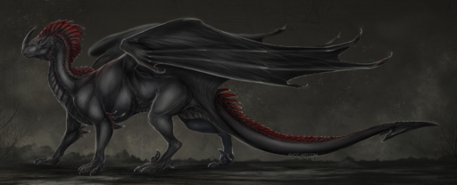 2019 ambiguous_gender black_body black_scales claws detailed_background digital_media_(artwork) dragon feral hi_res horn isvoc membrane_(anatomy) membranous_wings scales scalie solo spines standing western_dragon wings // 1890x769 // 1.6MB