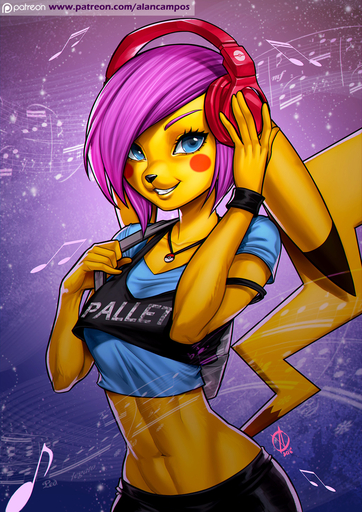 2016 5_fingers alanscampos anthro anthrofied black_nose blue_eyes breasts dipstick_ears ears_down eyelashes female fingers hair headphones hi_res jewelry looking_at_viewer mammal midriff multicolored_ears musical_note navel necklace pikachu pivoted_ears pokemon_(species) pokemorph purple_hair red_cheeks slim smile solo teeth text url video_games wide_hips // 1060x1500 // 573.5KB