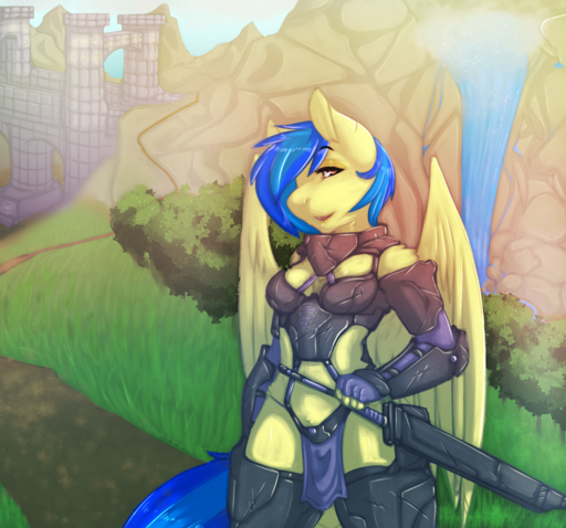 anthro anthrofied armor avante92 blue_hair bottomwear clothing equid equine fan_character feathered_wings feathers female gloves hair handwear horse loincloth mammal melee_weapon pegasus silvia_windmane solo suit sword unconvincing_armor weapon wings yellow_body // 1280x1195 // 2.0MB