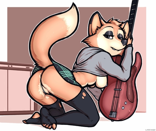 absurd_res anthro anus barely_visible_anus bass_guitar black_eyeshadow black_nose border bottomwear breasts butt canid canine clothed clothing clothing_lift darma_(rock_dog) digital_media_(artwork) dipstick_ears dipstick_tail eyebrows eyelashes eyeshadow female fox fur genitals guitar hi_res hoodie legwear looking_at_viewer luraiokun makeup mammal multicolored_body multicolored_ears multicolored_fur multicolored_tail musical_instrument nipples no_underwear outside_border pattern_bottomwear pattern_clothing pattern_skirt plaid plaid_bottomwear plaid_clothing plaid_skirt plucked_string_instrument pussy rear_view rock_dog skirt skirt_lift solo stockings string_instrument thigh_highs toeless_legwear toeless_stockings topwear two_tone_body two_tone_fur white_border // 4096x3441 // 768.0KB