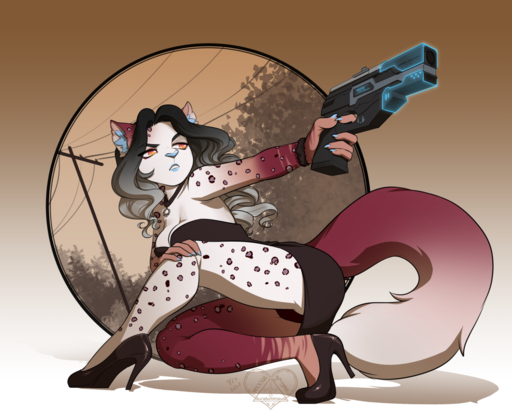 2017 5_fingers action_pose anthro biped black_hair blue_nose breasts cleavage clothed clothing domestic_cat dress eyebrows eyelashes felid feline felis female fingers footwear gun hair high_heels holding_gun holding_object holding_weapon kittydee mammal panties pose ranged_weapon shoes solo underwear upskirt weapon // 1280x1040 // 754.8KB