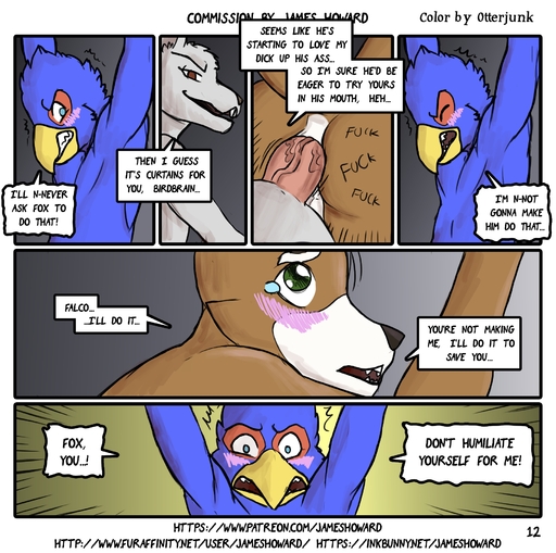 anal anal_penetration anthro avian beak bird blush bodily_fluids bound canid canine comic dialogue digital_media_(artwork) dominant dominant_male english_text falco_lombardi falcon falconid forced forced_to_watch fox fox_mccloud group hi_res james_howard lagomorph leporid looking_at_another male malemale mammal otterjunk penetration puppy_eyes rabbit rape sex submissive submissive_male tears text url video_games // 1821x1809 // 1.1MB