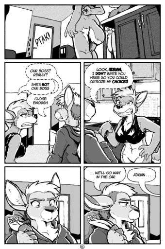 2014 adrian_gray anthro bottomless canid canine canis casual_exposure clothed clothing comic digital_media_(artwork) english_text female greyscale hildegard_rothschild kangaroo macropod mammal marsupial monochrome rick_griffin speech_bubble text wolf // 701x1056 // 480.3KB