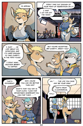 2018 adrian_gray ali_gray ambiguous_gender anthro blonde_hair blue_hair blush bottomless breasts butt canid canine canis casual_exposure casual_nudity child clothed clothing comic dialogue digital_media_(artwork) duo_focus english_text exercise featureless_crotch female femalefemale fur grey_body grey_fur group gym hair hi_res hildegard_rothschild inside kangaroo macropod mammal marsupial pouch_(anatomy) procyonid raccoon rick_griffin shirt tank_top text topwear wolf young // 874x1316 // 949.0KB