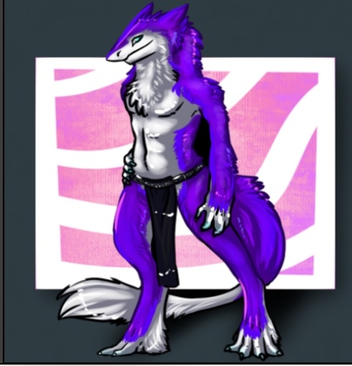 abstract_background anthro biped blue_eyes bottomwear claws clothing fluffy fluffy_tail fur loincloth male mammal purple_body purple_fur sergal simple_background solo standing unknown_artist // 490x509 // 63KB