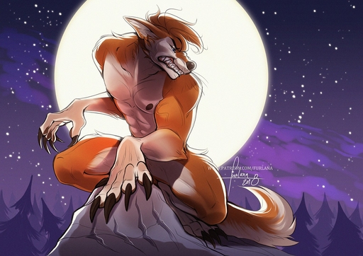 2018 4_fingers abs anthro blue_eyes canid canine canis claws detailed_background domestic_dog fingers fur furlana hair husky male mammal moon night nipples nordic_sled_dog nude orange_body orange_fur orange_hair plant rock scratches sharp_teeth sky solo spitz teeth tree were white_body white_fur // 1527x1080 // 262.9KB