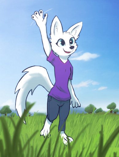 3_toes anthro barefoot blue_eyes canid canine claws clothing cloud disney enginetrap feet female fox gesture grass hi_res mammal open_mouth outside plant sky skye_(zootopia) smile solo teeth toes tongue waving zootopia // 1250x1650 // 2.0MB