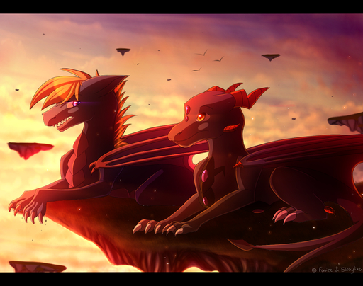 2014 black_bars claws day detailed_background digital_media_(artwork) dragon duo feral hair horn letterbox membrane_(anatomy) membranous_wings outside scalie skaydie sky western_dragon wings // 1326x1047 // 1.1MB
