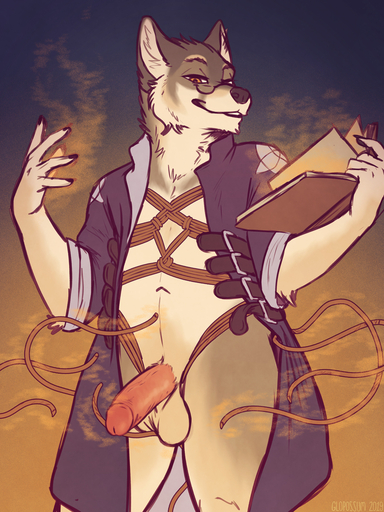 2019 3:4 5_fingers anthro balls book brown_eyes canid canine canis digital_media_(artwork) fingers genitals glopossum hi_res holding_book holding_object humanoid_genitalia humanoid_penis male mammal penis simple_background solo wolf // 900x1200 // 861.0KB