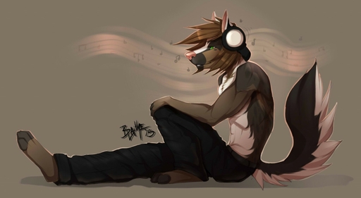 2015 anthro biped brown_hair canid canine clothed clothing fur hair half-closed_eyes headphones male mammal narrowed_eyes simple_background sitting smile solo topless vexstacy // 1280x702 // 80KB