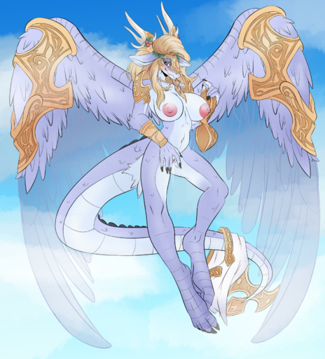 2019 anthro blonde_hair blush bodily_fluids breasts dragon feathered_dragon feathered_wings feathers female fur genital_fluids genitals hair hi_res horn konami nipples non-mammal_breasts nude pussy saffira_queen_of_dragons solo suddenhack wings yu-gi-oh // 1762x1946 // 2.9MB
