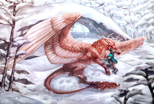 2019 ambiguous_gender canid canine deormynd digital_media_(artwork) dragon duo feathered_dragon feathered_wings feathers feral fur horn mammal paws red_body red_feathers red_fur scarf smile wings // 1280x866 // 1.7MB